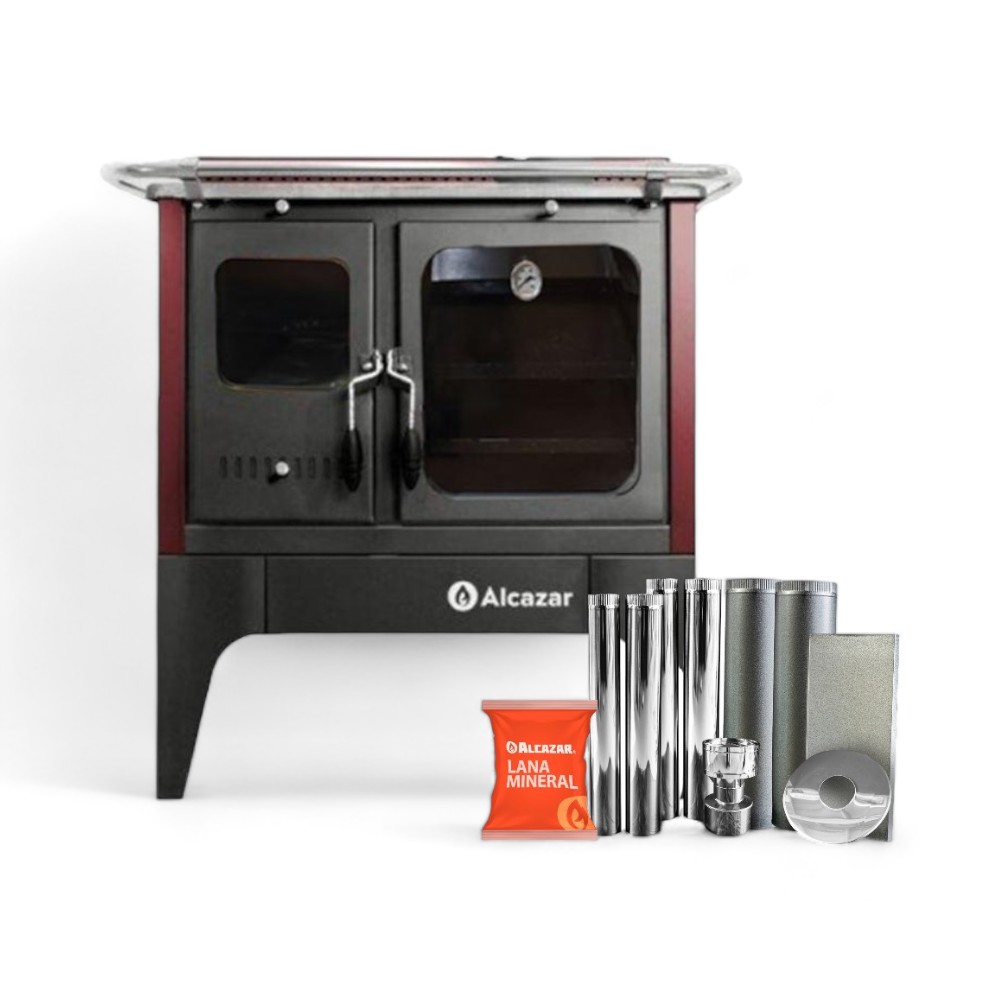 Cocina Leña Alcazar S-900 Burdeo + Kit Caño Acero 6"