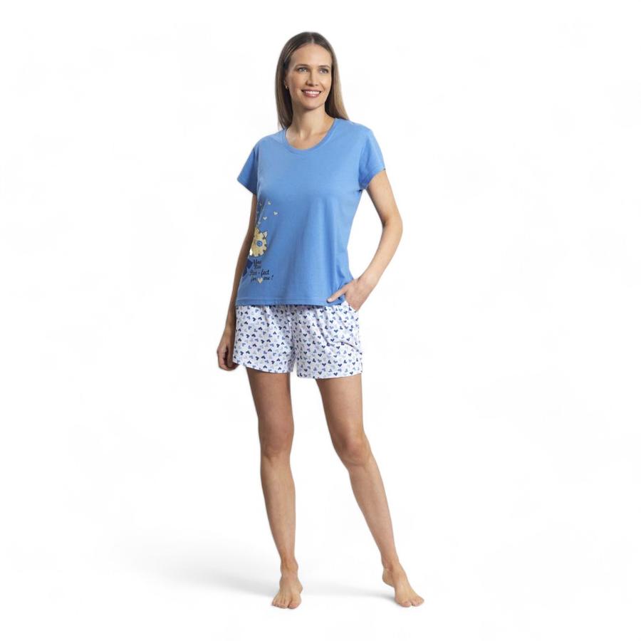 Pijama Diseño Gato Short Mujer Mon Amour Celeste